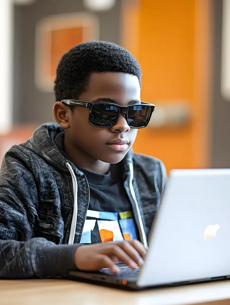 Blind student using assistive technology to learn on laptop