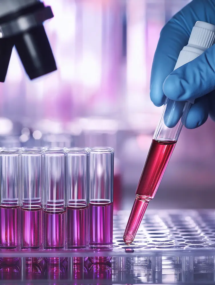 Close-up of a scientist wearing blue gloves using a pipette to transfer red liquid into a test tube in a modern laboratory with a microscope